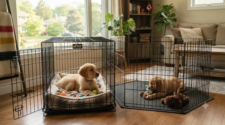 A puppy relaxing in a dog crate beside an open playpen in a bright living room. dog playpen vs crate which is better