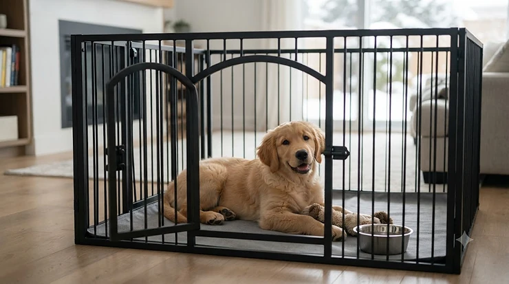 A happy dog relaxing inside a durable dog playpen with a secure door and integrated floor.