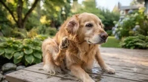 Illustration of an itchy terrier finding fast relief from seasonal skin allergies using a specialized medicated dog shampoo.