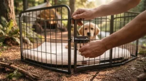 Demonstration of quick, tool-free assembly for the best dog playpen on a hardwood floor.