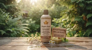 An eco-friendly bottle of hypoallergenic dog shampoo surrounded by recyclable icons, popular among environmentally conscious Canadian pet parents.