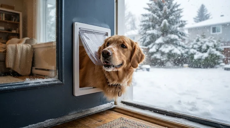 Golden retriever looking through an energy efficient dog door Canada winter setup during a heavy snowstorm.