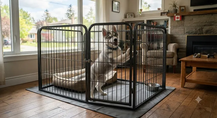 Heavy-duty escape proof playpen for husky in a Canadian home.