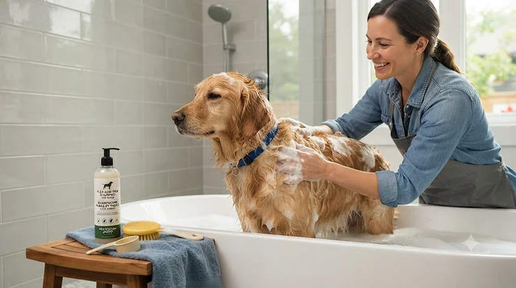 Bottle of flea and tick shampoo for dogs next to a happy golden retriever in a Canadian backyard, showcasing effective pet parasite protection. flea and tick shampoo for dogs