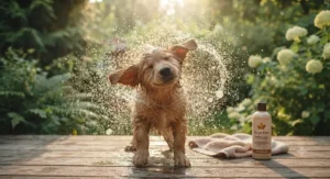 A clean, fluffy dog shaking off water, showing the soft, shiny coat results of using a quality hypoallergenic dog shampoo.