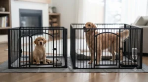 A compact, folded dog playpen with door and floor, showing easy storage for small spaces.