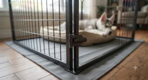 Foldable escape proof playpen for husky, ideal for road trips.