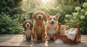 Various dog breeds sitting together, representing a mild hypoallergenic dog shampoo suitable for sensitive adult dogs and puppies.