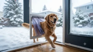 Happy dog running through an energy efficient dog door Canada winter installation into a snow-covered yard.