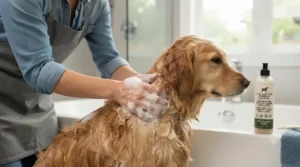 Detailed view of massaging medicated flea and tick shampoo for dogs deep into a puppy's coat to target hidden pests.