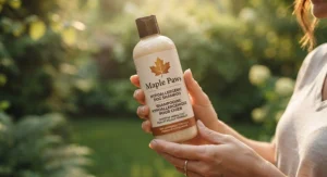 A bottle of premium hypoallergenic dog shampoo featuring a maple leaf accent, designed for sensitive pet skin in Canada.