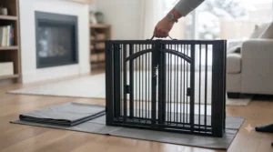 Versatile dog playpen with door and floor shown in a backyard setting for safe outdoor play.