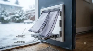 Cutaway view of multi-layer magnetic seals in an energy efficient dog door Canada winter edition designed to stop cold drafts.