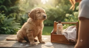 A relief-focused illustration showing a dog stopping scratching after a soothing bath with hypoallergenic dog shampoo.