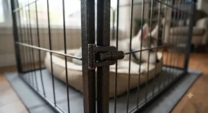 Close-up of secure locking door on an escape proof husky pen.