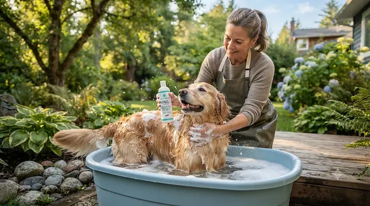 A golden retriever receiving a soothing bath with medicated dog shampoo for skin allergies, formulated for sensitive pets across Canada.