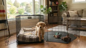 Side-by-side comparison of a secure wire crate and an expansive playpen.