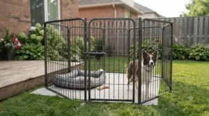 A sturdy, tall dog playpen for jumpers used safely on a patio in Canada.
