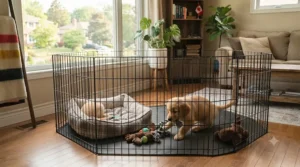 A portable metal dog playpen providing a safe area for play in a home.