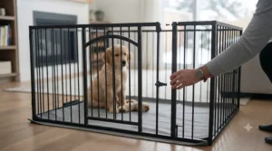 A portable dog playpen with door and floor being set up in a modern Canadian living room.