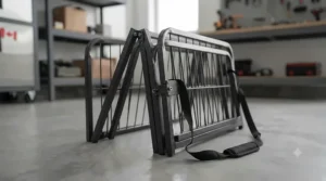The tall dog playpen for jumpers shown in a partially folded, portable state.
