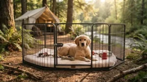 Lightweight, foldable best dog playpen set up at a Canadian campsite for secure travel pet containment.