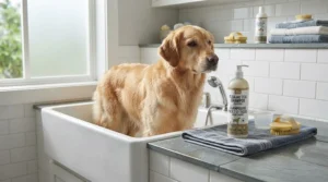 A dog owner preparing a warm bath with a specialized flea and tick shampoo for dogs in a modern Canadian home bathroom.
