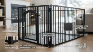 A cozy, puppy-friendly setup inside a dog playpen with door and floor.