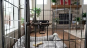 Close-up of the secure locking gate on our tall dog playpen for jumpers.