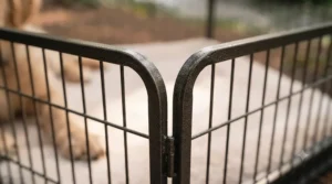 Rounded-edge design of a best dog playpen ensuring safety for playful puppies in a home environment.