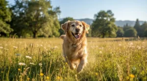 A happy dog playing in a Canadian park, protected from pollen and seasonal skin flare-ups by regular use of medicated dog shampoo.