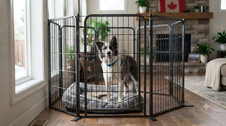 A durable, tall dog playpen for jumpers set up in a bright Canadian living room.