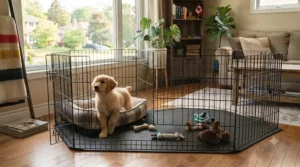 A puppy supervised inside a playpen to keep them away from household hazards.
