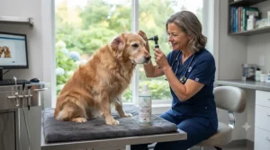 A Canadian veterinarian recommending a trusted medicated dog shampoo for skin allergies during a clinic check-up.