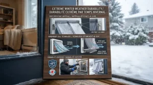 Bilingual icon graphic highlighting frost resistance and windproof design for an energy efficient dog door Canada winter product.