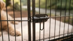 Detailed view of the rust-resistant wire panels of the best dog playpen, highlighting safety locking mechanisms.