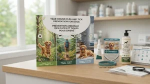 Educational graphic outlining seasonal and year-round preventative care routines, including regular use of flea and tick shampoo for dogs in Canadian climates.