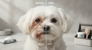 Before and after comparison of a white Maltese dog showing clean fur achieved using dog eye wipes for tear stains.