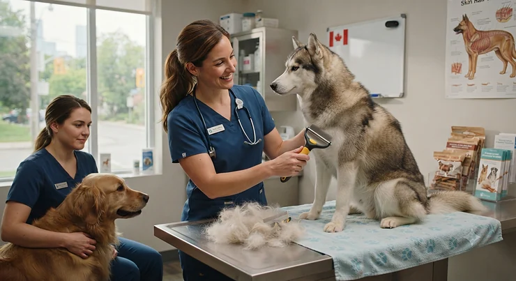 A veterinarian in a Canadian clinic demonstrating the best deshedding tool for double-coated dogs like Huskies and Golden Retrievers.