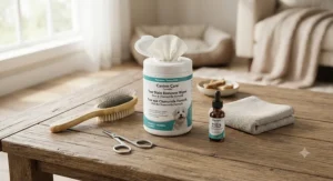 A comprehensive pet grooming kit featuring dog eye wipes for tear stains alongside a brush on a wooden table.