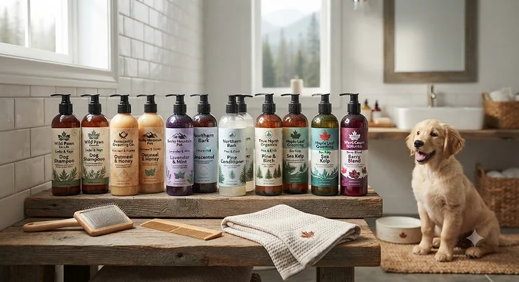 A collection of natural dog shampoo and conditioner sets arranged neatly for grooming pets in Canada