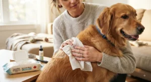Close-up of a pet owner using dog body wipes to clean a dog's coat between baths for a fresh scent.