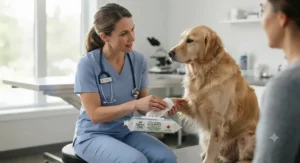 A veterinarian holding hypoallergenic dog wipes for sensitive skin to help with seasonal dog allergies.