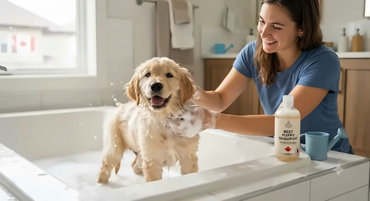 Gentle, soap-free best puppy shampoo being used on a Golden Retriever puppy in a Canadian home.