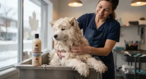 A groomer using the best puppy shampoo for thick-coated breeds to manage winter dryness.