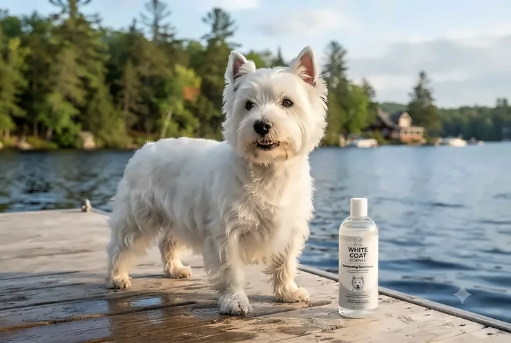 A fluffy West Highland White Terrier standing outdoors in Canada, showcasing a bright coat achieved using a premium whitening shampoo for dogs with white coats.