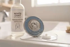 Product bottle outline showcasing English and French Canadian labeling for a trusted whitening shampoo for dogs with white coats.