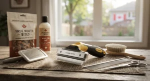 A pet grooming kit featuring a top-rated deshedding tool for double-coated dogs alongside Canadian treats and brushes.