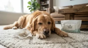A happy dog resting on a clean living room rug after having its paws wiped with plant-based dog paw wipes after a walk.