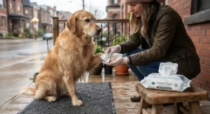 A dog sitting on a porch while its owner uses dog paw wipes for after walks along wet urban sidewalks.